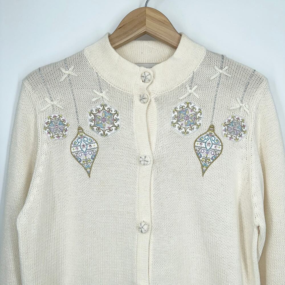 Vintage Draper’s and Damon’s Christmas Ornament Crystal Pastel Cardigan Sweater